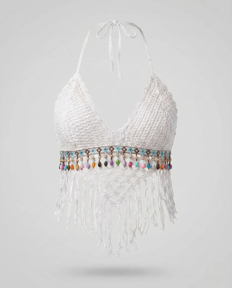 Damen gehäkeltes Bikini-Oberteil mit bunten Quasten und verspieltem Design