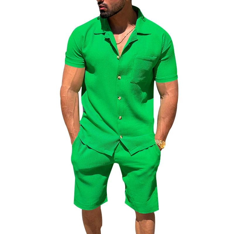 Herren nan lässiges zweiteiliges Freizeitset aus geripptem Jersey mit Hemdkragen Knopfleiste und Shorts