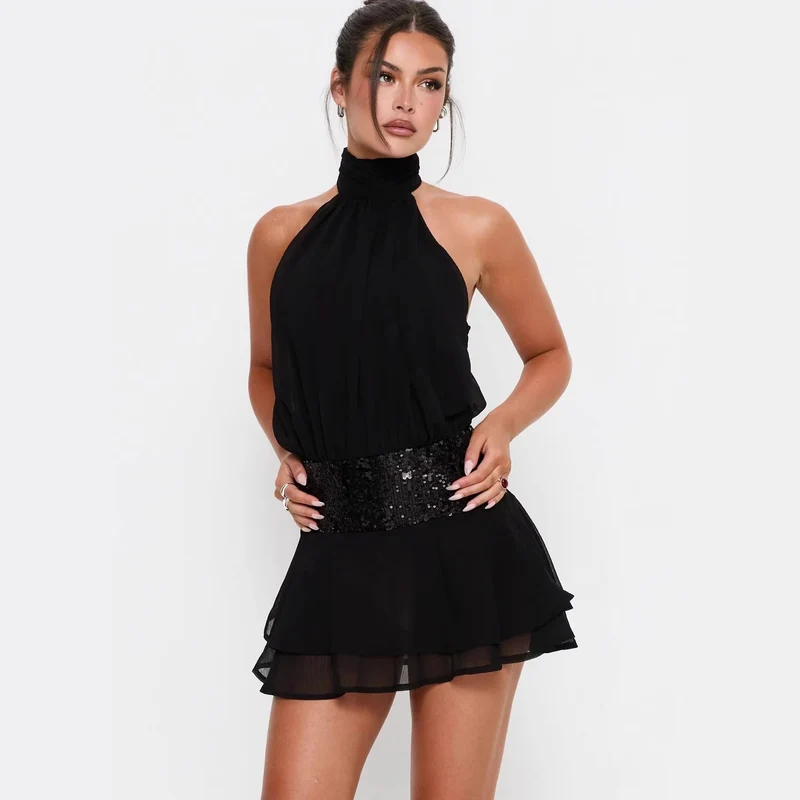 Damen Neckholder Minikleid mit glitzerndem Taillenband und voluminösen Rüschendetails Nord Taschen