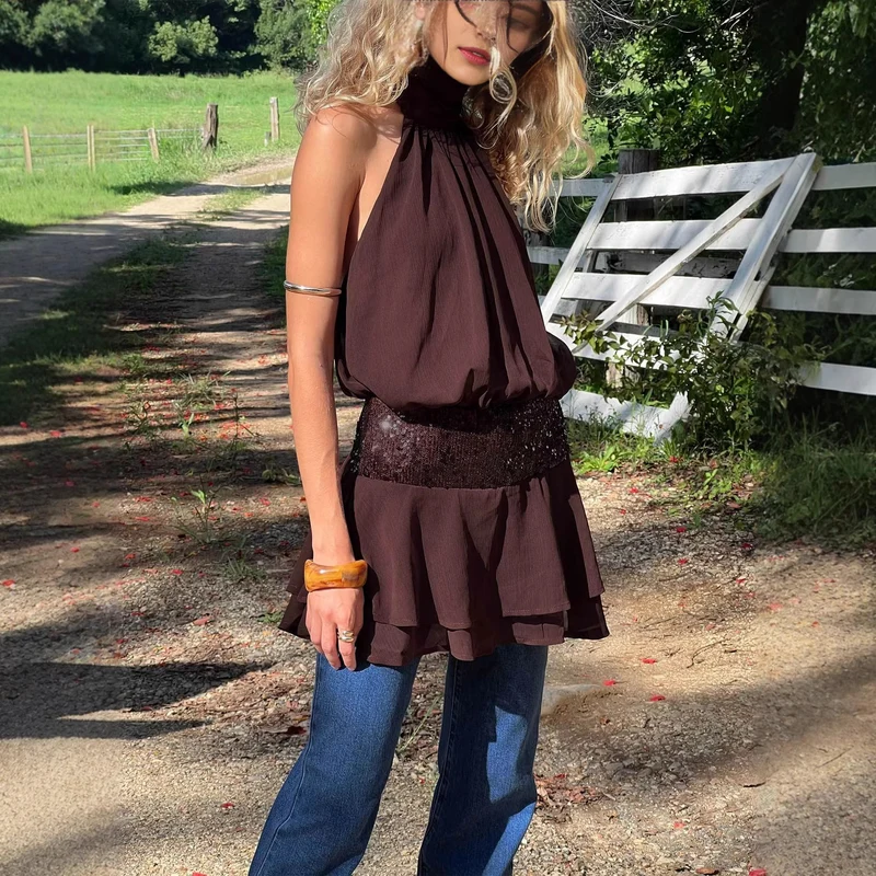 Damen Neckholder Minikleid mit glitzerndem Taillenband und voluminösen Rüschendetails Nord Taschen