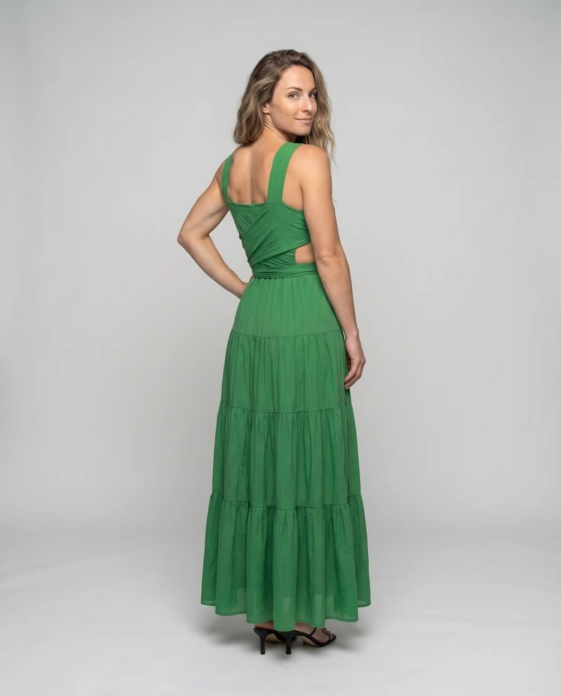 Damen Maxikleid Wickeloptik Volantrock V-Ausschnitt