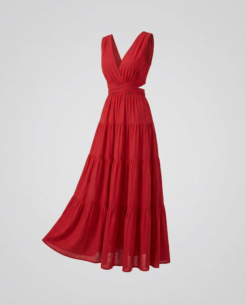 Damen Maxikleid Wickeloptik Volantrock V-Ausschnitt