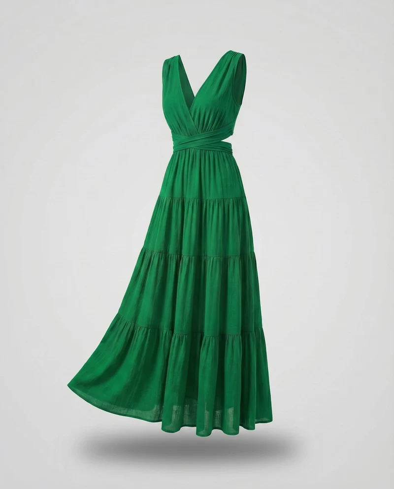 Damen Maxikleid Wickeloptik Volantrock V-Ausschnitt