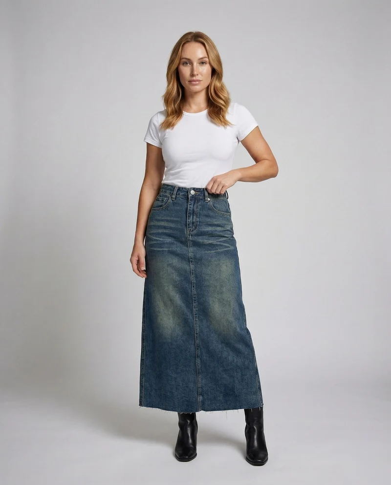 Damen High-Waist-Denim-Rock in Maxi-Länge