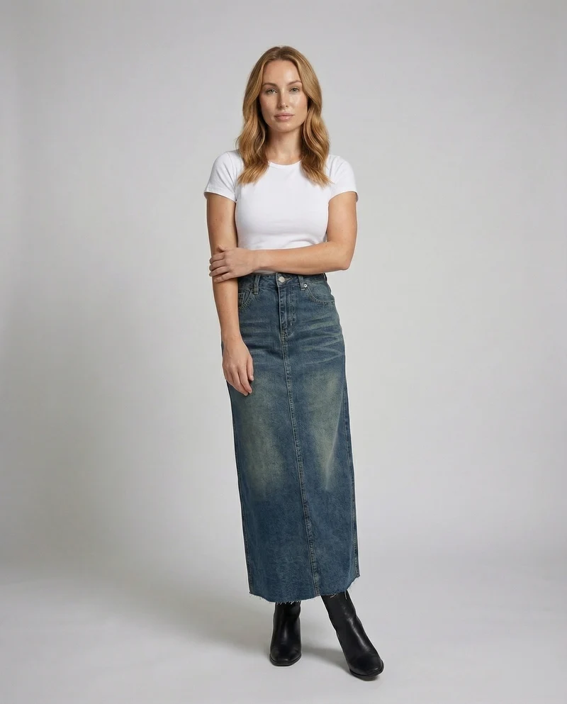 Damen High-Waist-Denim-Rock in Maxi-Länge