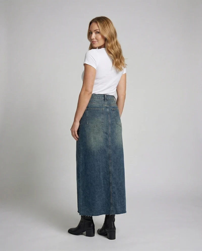 Damen High-Waist-Denim-Rock in Maxi-Länge