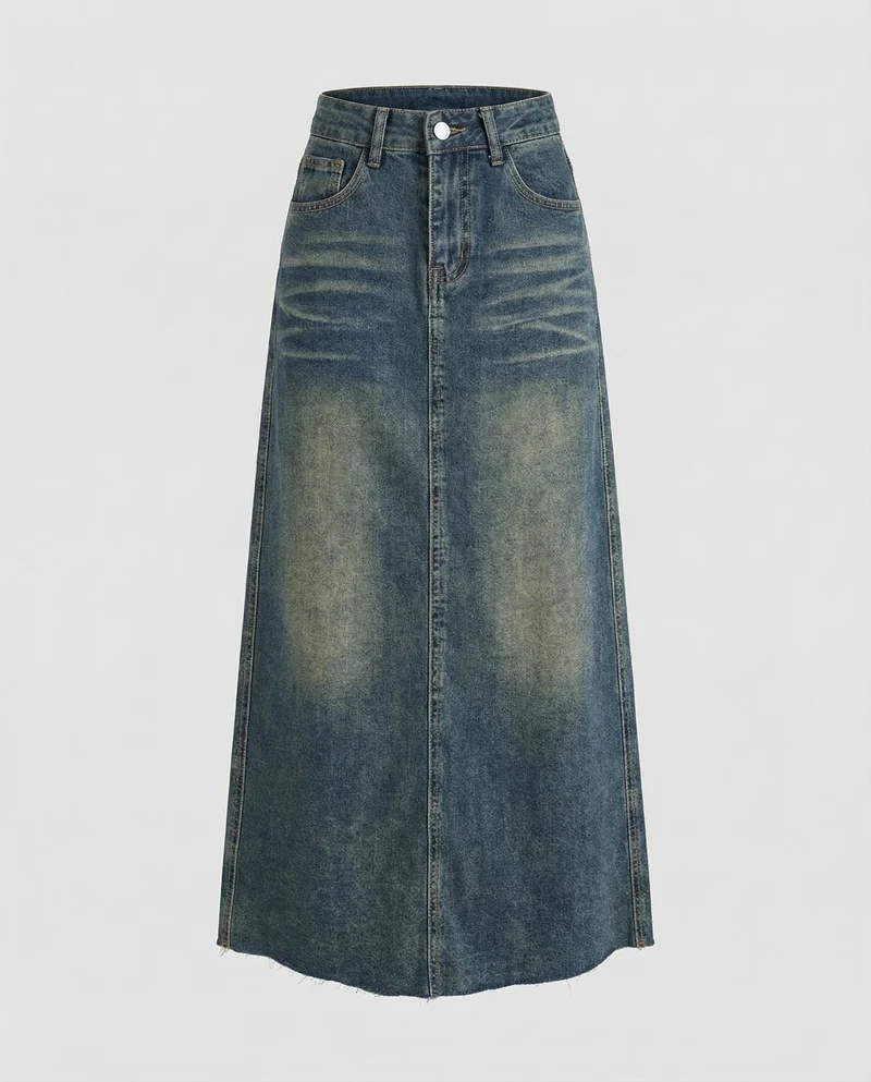 Damen High-Waist-Denim-Rock in Maxi-Länge