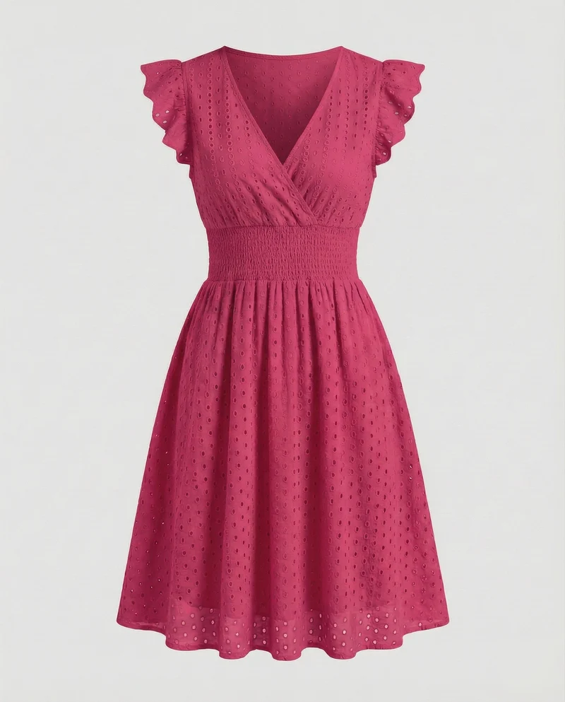 Damen Filigrane Lochstickerei Midikleid