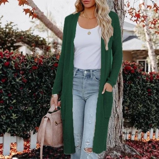 Damen Langer Strickcardigan mit elegantem offenes Design und praktischen Taschen