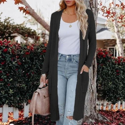 Damen Langer Strickcardigan mit elegantem offenes Design und praktischen Taschen