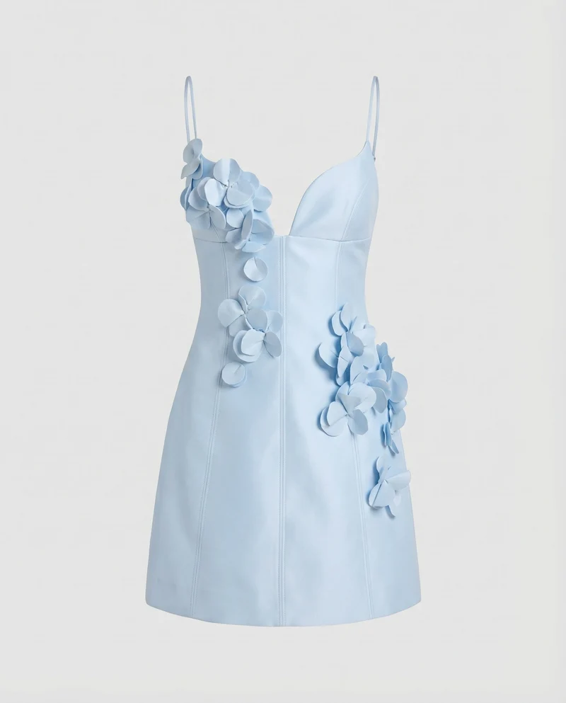 Damen A-Linien-Kleid Spaghettiträger Blütenapplikation