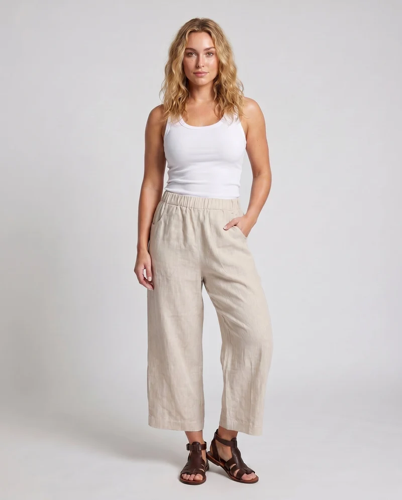 Damen luftige Leinen-Culotte mit hohem Bund und seitlichen Eingrifftaschen