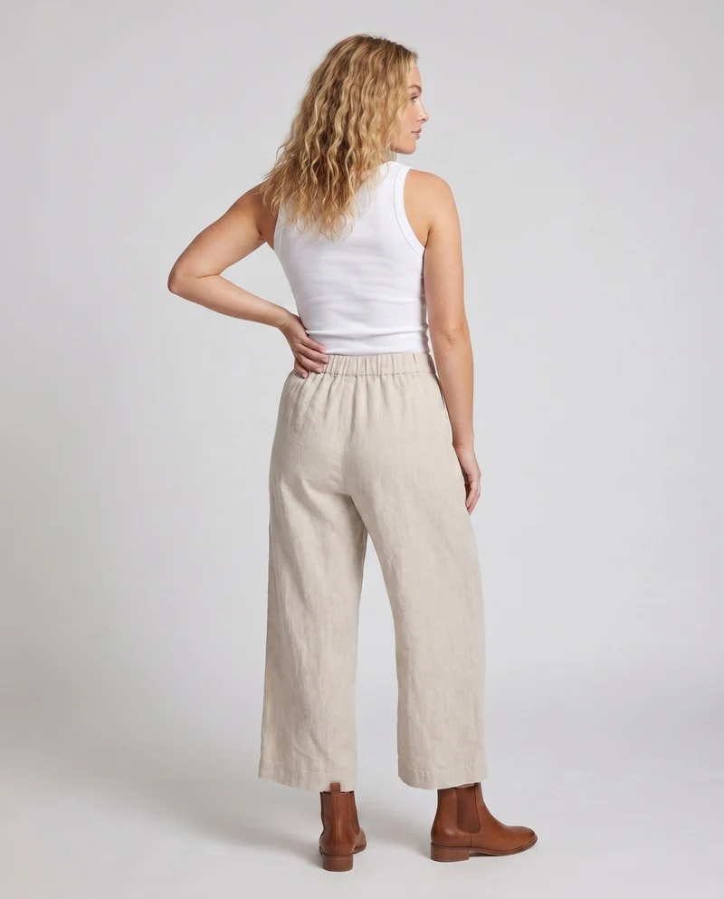 Damen luftige Leinen-Culotte mit hohem Bund und seitlichen Eingrifftaschen