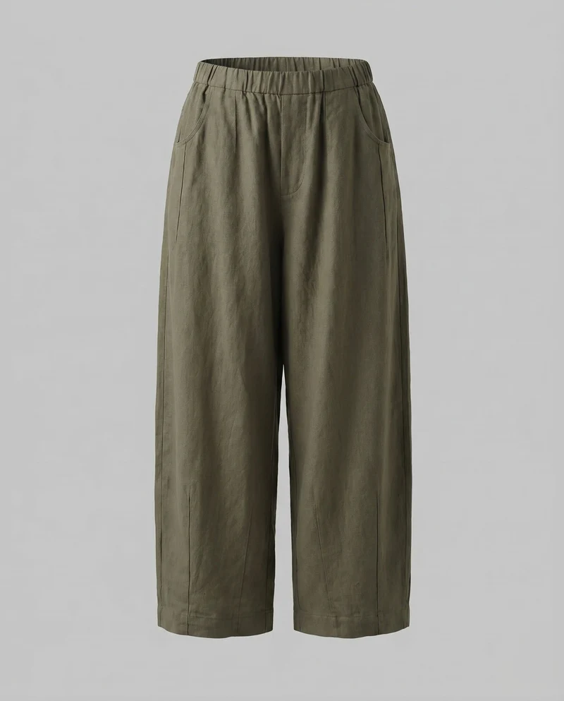 Damen luftige Leinen-Culotte mit hohem Bund und seitlichen Eingrifftaschen