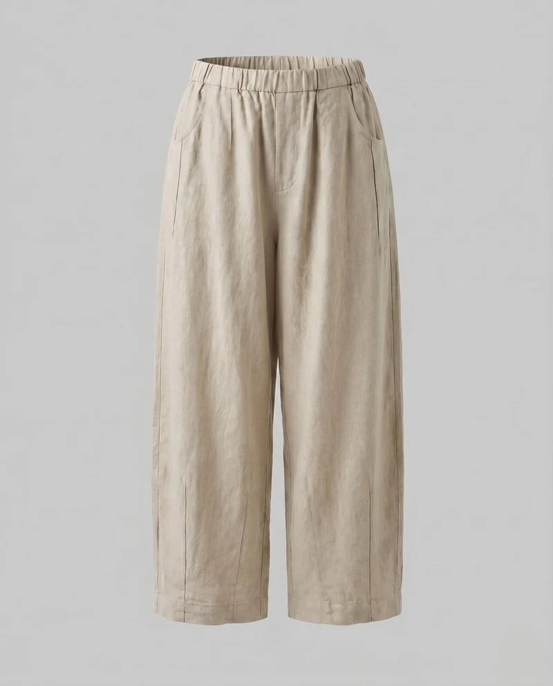 Damen luftige Leinen-Culotte mit hohem Bund und seitlichen Eingrifftaschen
