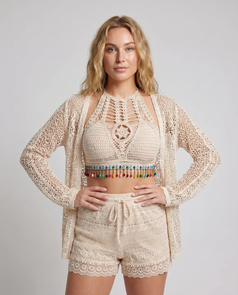 Damen Häkelmode-Set mit Crop-Top und Shorts