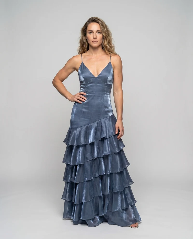 Damen Satin-Abendkleid Korsage Volantrock Schimmernd