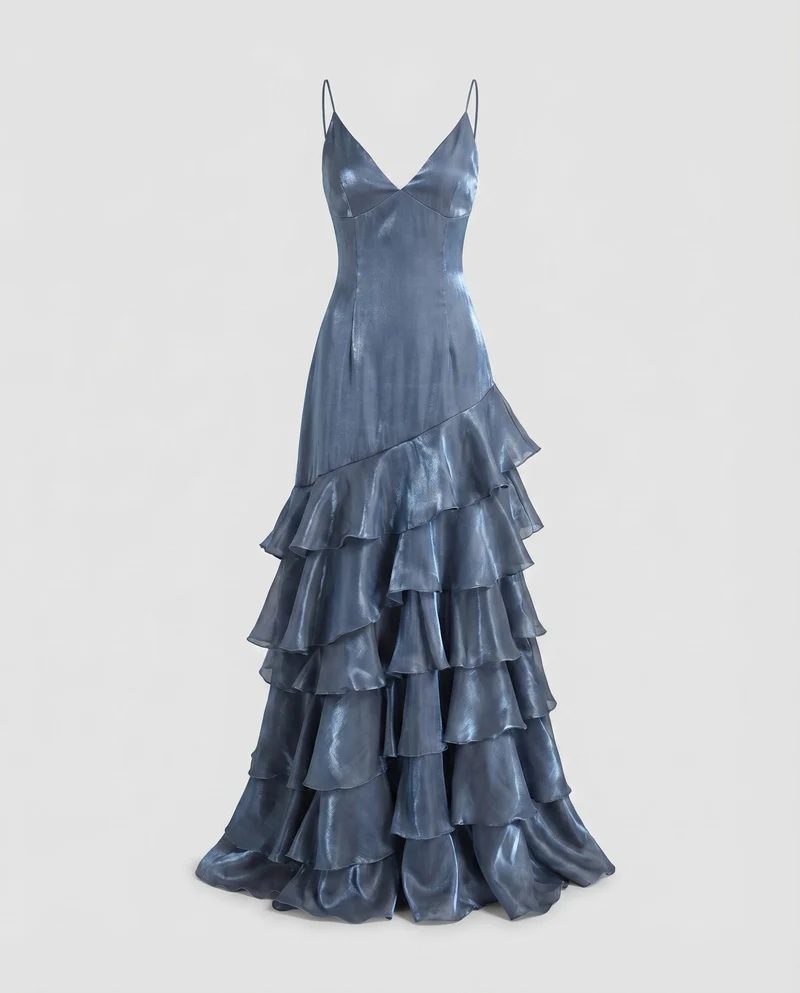 Damen Satin-Abendkleid Korsage Volantrock Schimmernd