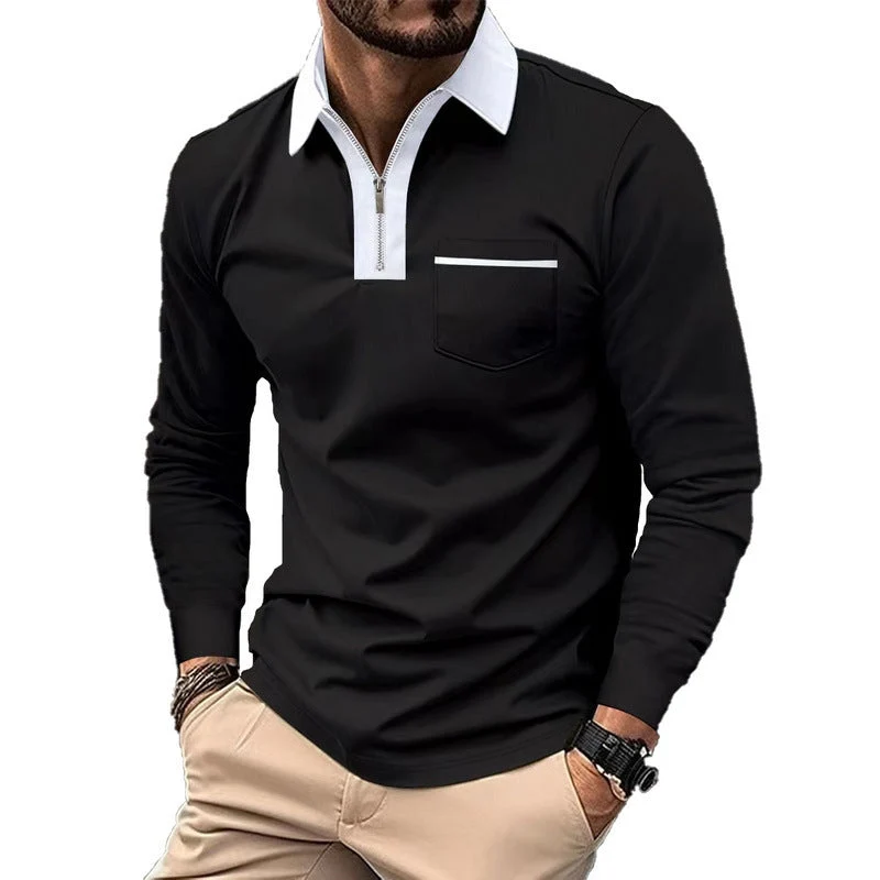 Herren nan elegantes Langarm-Poloshirt mit markantem Stehkragen Metall-Kurzreißverschluss und Brustleistentasche