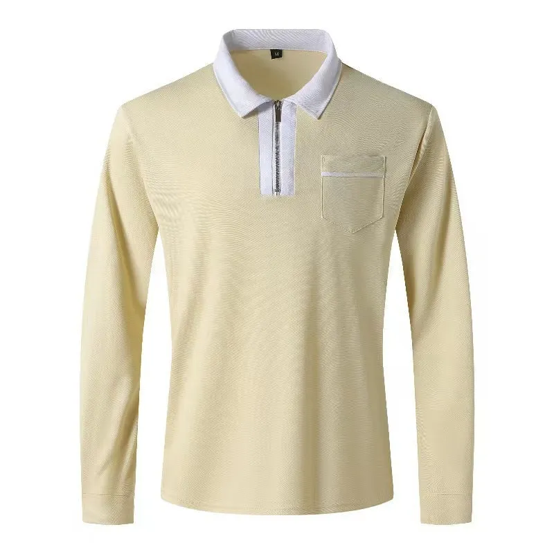 Herren nan elegantes Langarm-Poloshirt mit markantem Stehkragen Metall-Kurzreißverschluss und Brustleistentasche