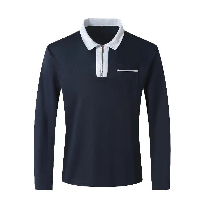Herren nan elegantes Langarm-Poloshirt mit markantem Stehkragen Metall-Kurzreißverschluss und Brustleistentasche