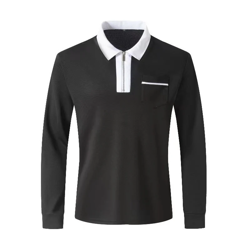 Herren nan elegantes Langarm-Poloshirt mit markantem Stehkragen Metall-Kurzreißverschluss und Brustleistentasche