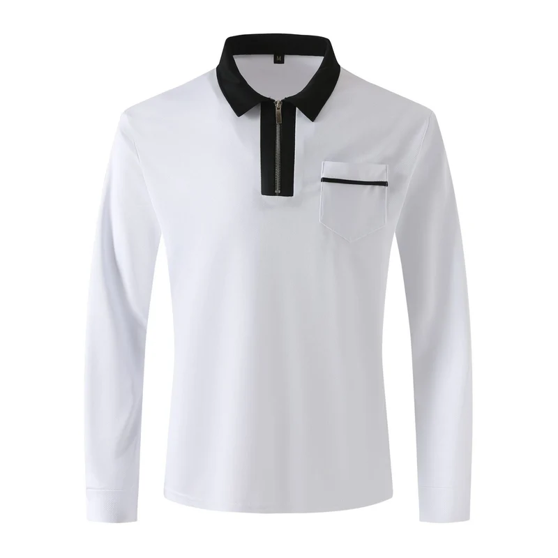 Herren nan elegantes Langarm-Poloshirt mit markantem Stehkragen Metall-Kurzreißverschluss und Brustleistentasche