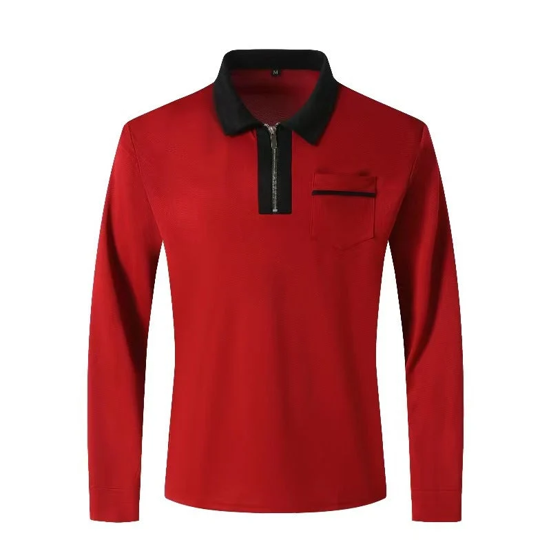 Herren nan elegantes Langarm-Poloshirt mit markantem Stehkragen Metall-Kurzreißverschluss und Brustleistentasche