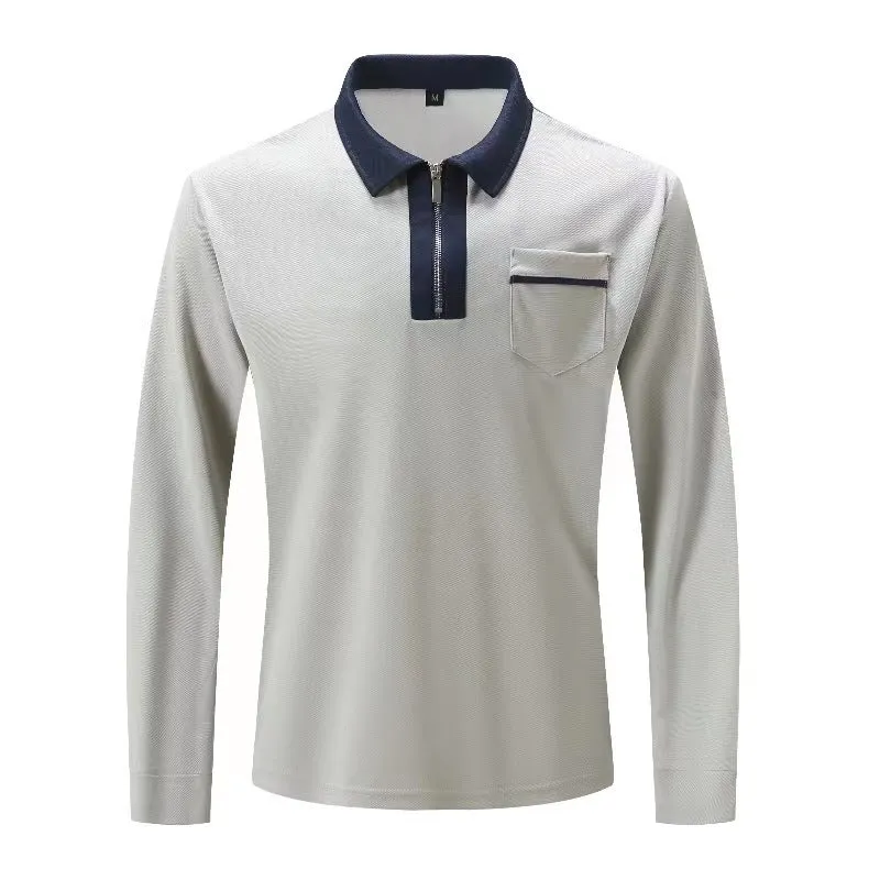 Herren nan elegantes Langarm-Poloshirt mit markantem Stehkragen Metall-Kurzreißverschluss und Brustleistentasche