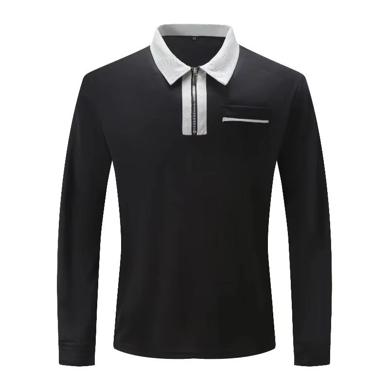 Herren nan elegantes Langarm-Poloshirt mit markantem Stehkragen Metall-Kurzreißverschluss und Brustleistentasche
