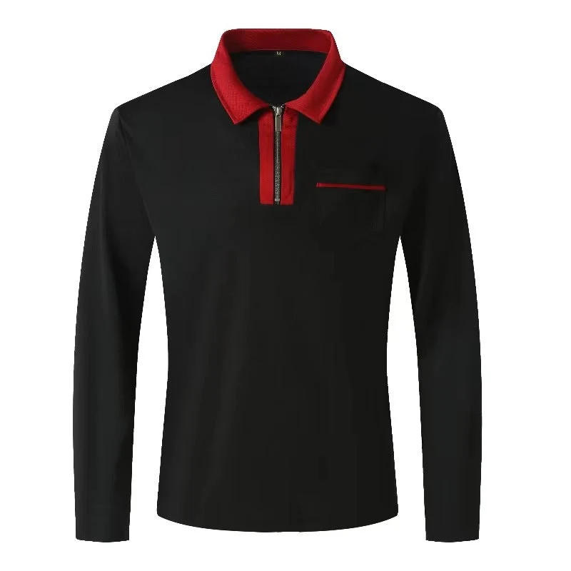 Herren nan elegantes Langarm-Poloshirt mit markantem Stehkragen Metall-Kurzreißverschluss und Brustleistentasche