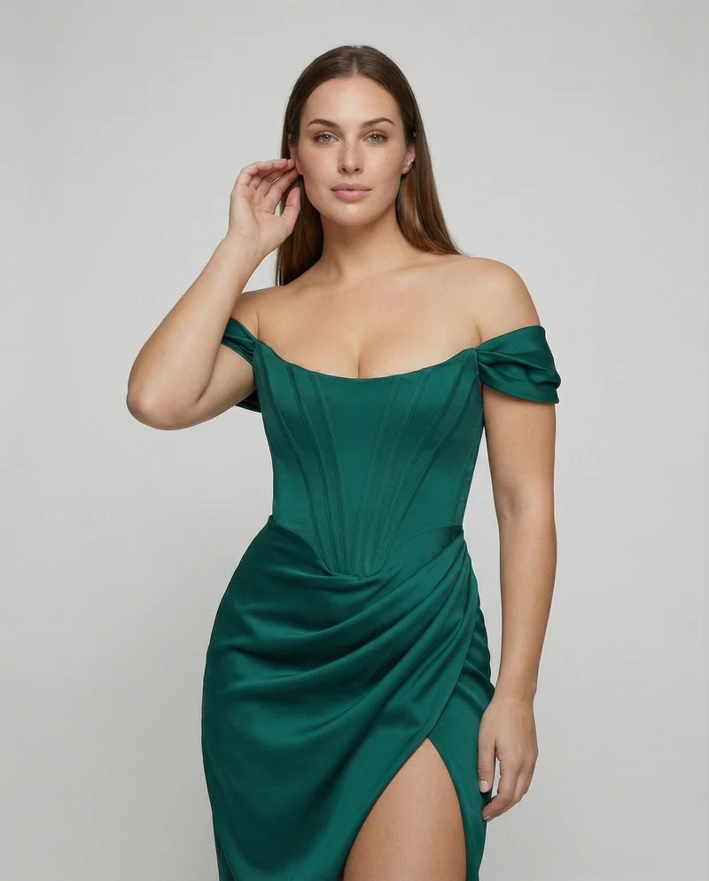 Damen nan tailliertes Off-Shoulder Korsett-Midikleid mit Verstärkter Corsage, Drapierter Hüftpartie und Seitlichem Beinschlitz Nord Taschen