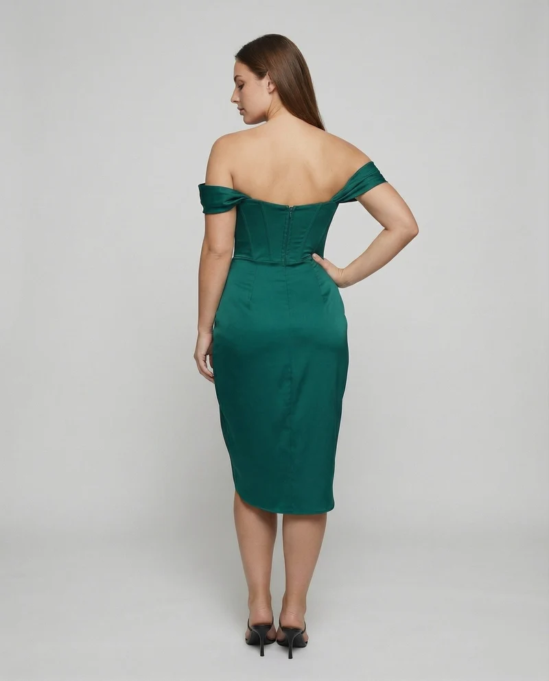 Damen nan tailliertes Off-Shoulder Korsett-Midikleid mit Verstärkter Corsage, Drapierter Hüftpartie und Seitlichem Beinschlitz Nord Taschen