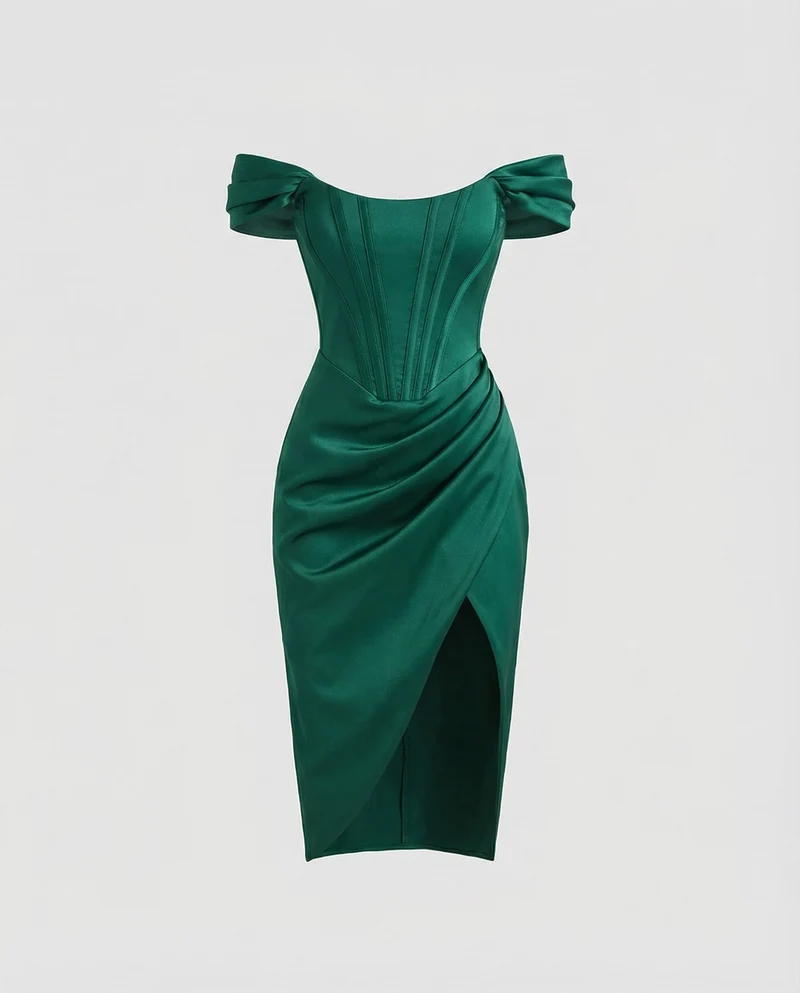 Damen nan tailliertes Off-Shoulder Korsett-Midikleid mit Verstärkter Corsage, Drapierter Hüftpartie und Seitlichem Beinschlitz Nord Taschen
