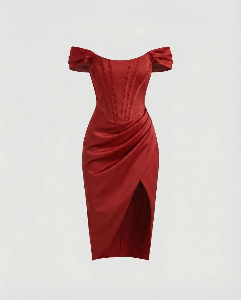 Damen nan tailliertes Off-Shoulder Korsett-Midikleid mit Verstärkter Corsage, Drapierter Hüftpartie und Seitlichem Beinschlitz Nord Taschen