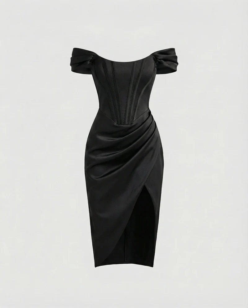 Damen nan tailliertes Off-Shoulder Korsett-Midikleid mit Verstärkter Corsage, Drapierter Hüftpartie und Seitlichem Beinschlitz Nord Taschen