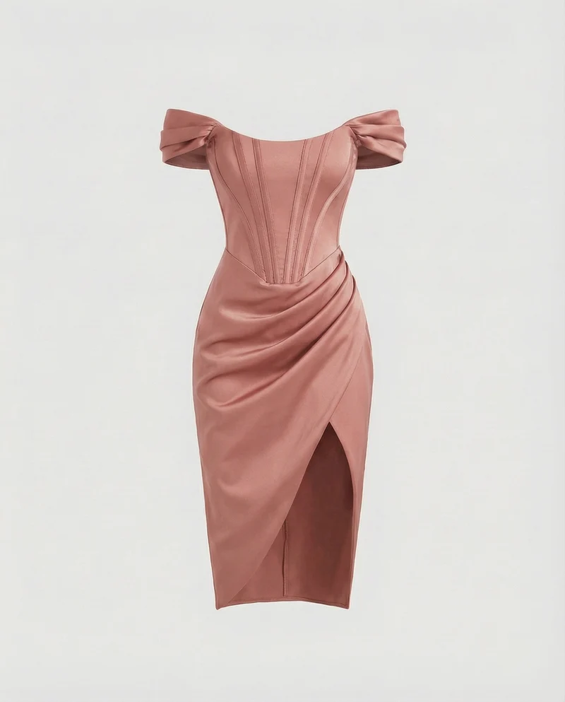 Damen nan tailliertes Off-Shoulder Korsett-Midikleid mit Verstärkter Corsage, Drapierter Hüftpartie und Seitlichem Beinschlitz Nord Taschen