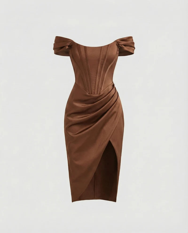Damen nan tailliertes Off-Shoulder Korsett-Midikleid mit Verstärkter Corsage, Drapierter Hüftpartie und Seitlichem Beinschlitz Nord Taschen