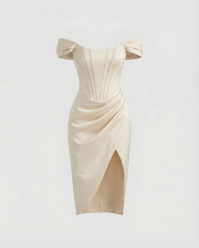 Damen nan tailliertes Off-Shoulder Korsett-Midikleid mit Verstärkter Corsage, Drapierter Hüftpartie und Seitlichem Beinschlitz Nord Taschen