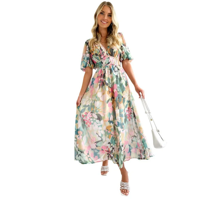 Damen Maxikleid mit voluminösen Ärmeln