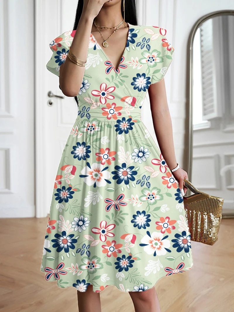 Damen elegantes Wickelkleid mit Rüschendetails und Taillierung
