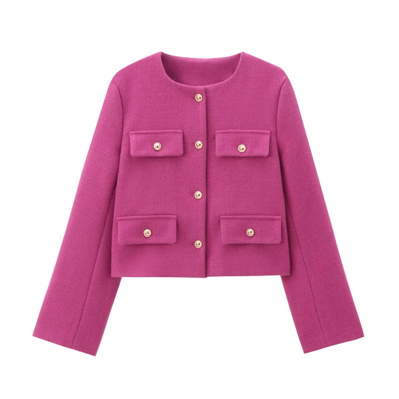Damen Modische Kurzjacke mit dekorativen Knöpfen und praktischen Taschen