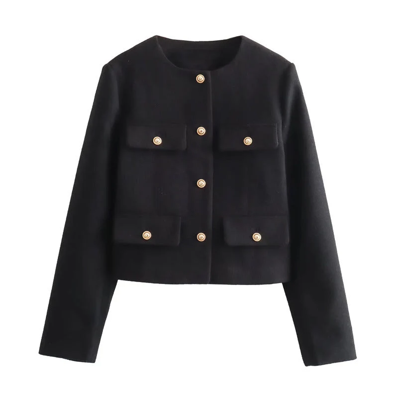 Damen Modische Kurzjacke mit dekorativen Knöpfen und praktischen Taschen
