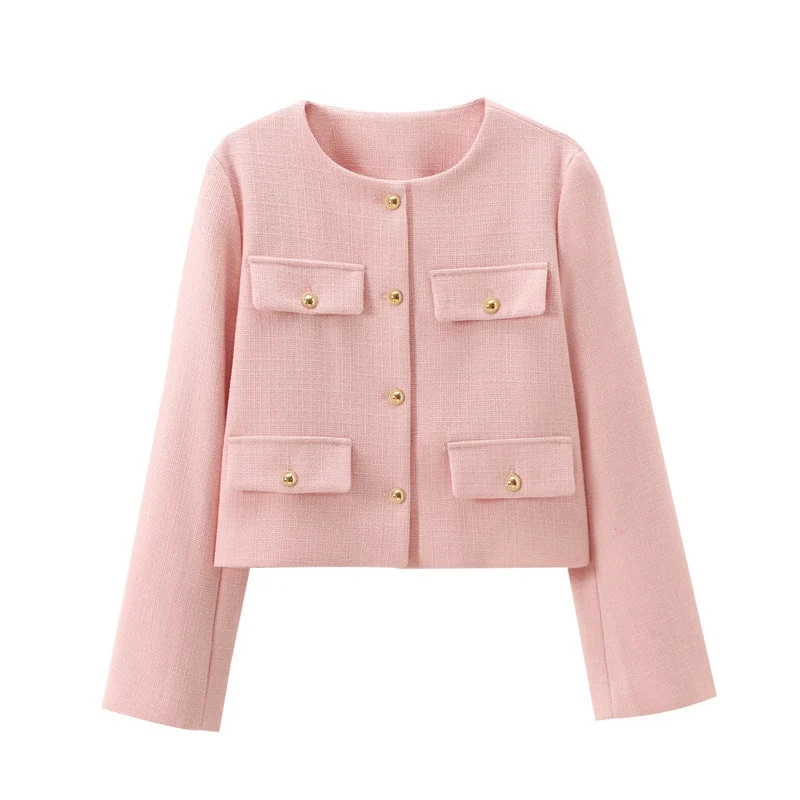 Damen Modische Kurzjacke mit dekorativen Knöpfen und praktischen Taschen
