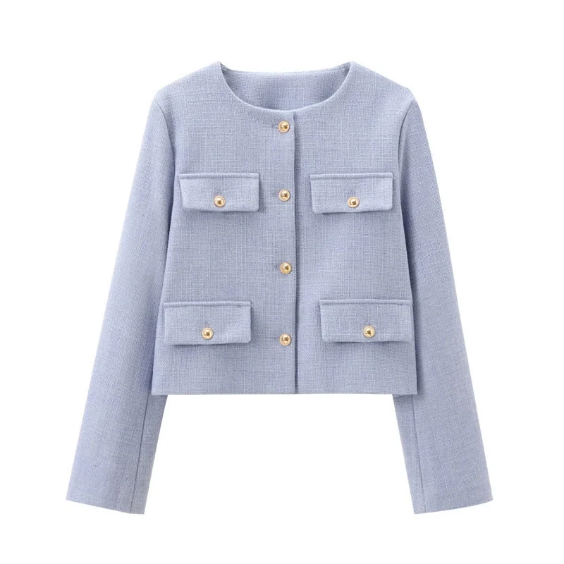 Damen Modische Kurzjacke mit dekorativen Knöpfen und praktischen Taschen