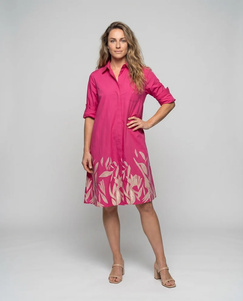 Damen Hemdkleid Floraler Saumprint Knopfleiste Eingrifftaschen