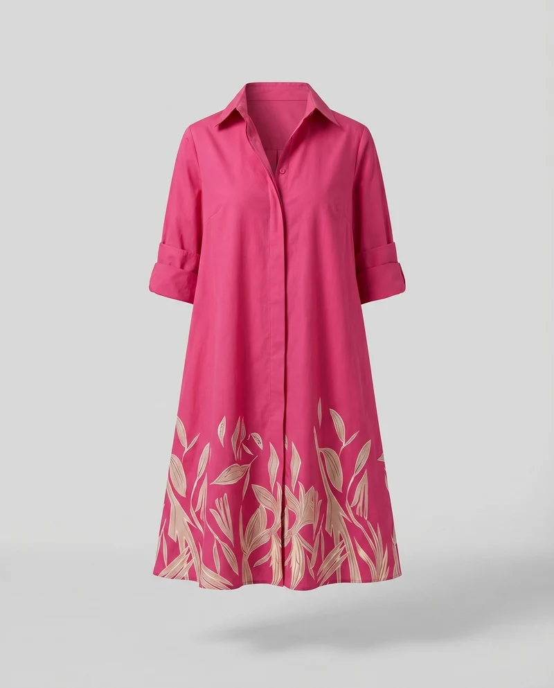 Damen Hemdkleid Floraler Saumprint Knopfleiste Eingrifftaschen