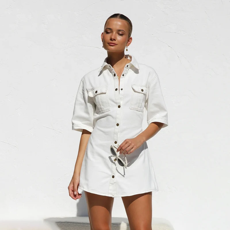 Damen Jeanshemdkleid mit kurzen Ärmeln und praktischen Taschen Nord Taschen