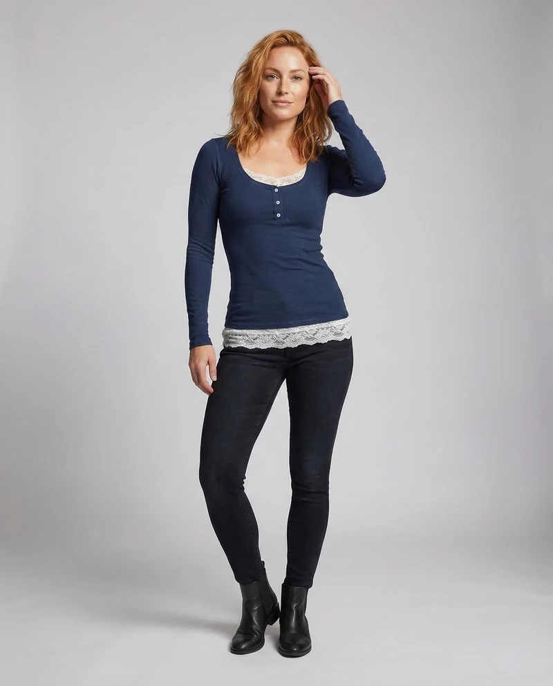 Damen Langarmshirt Knopfleiste Spitzenoptik