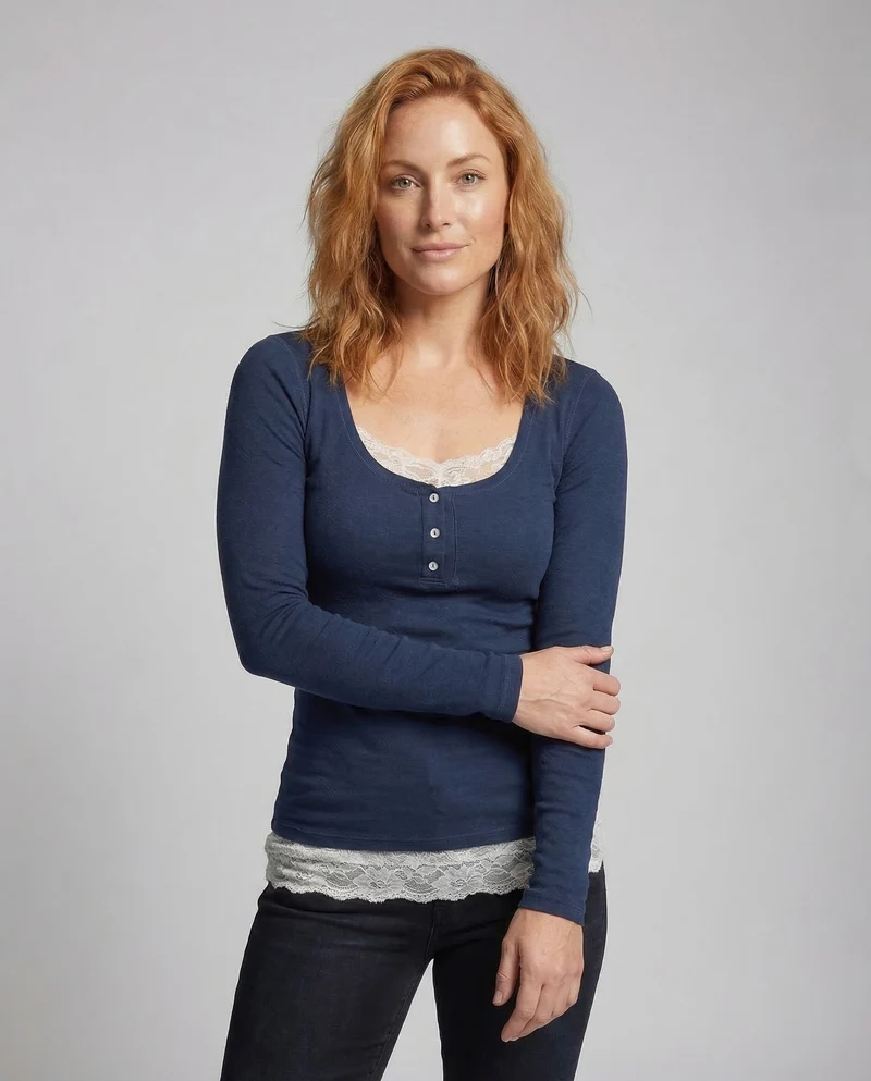 Damen Langarmshirt Knopfleiste Spitzenoptik